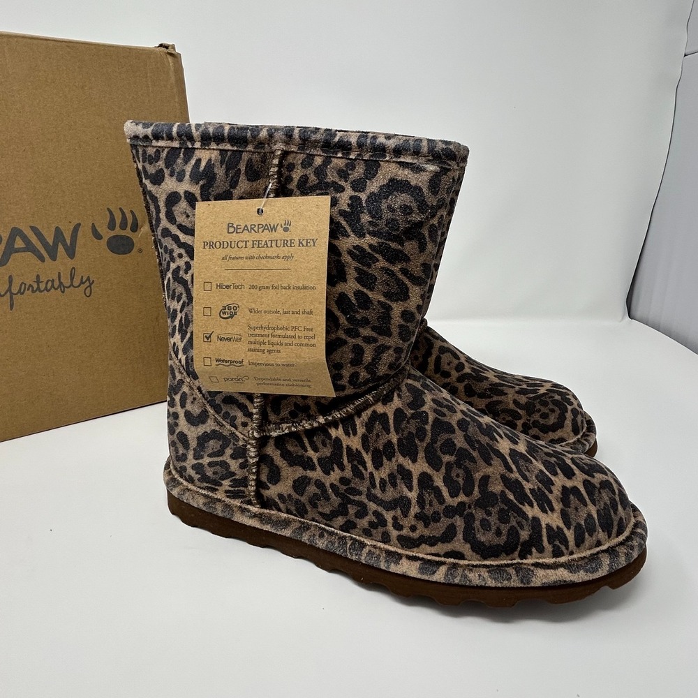 Bearpaw Elle Exotic 2776Y Girls 4 M Boots Brown Black Leopard Wool Lined Winter - Picture 3 of 11